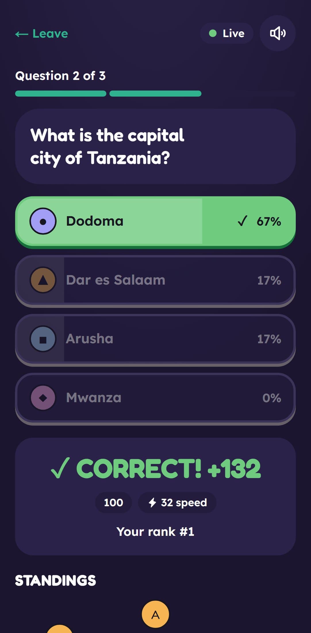 The standings after question two