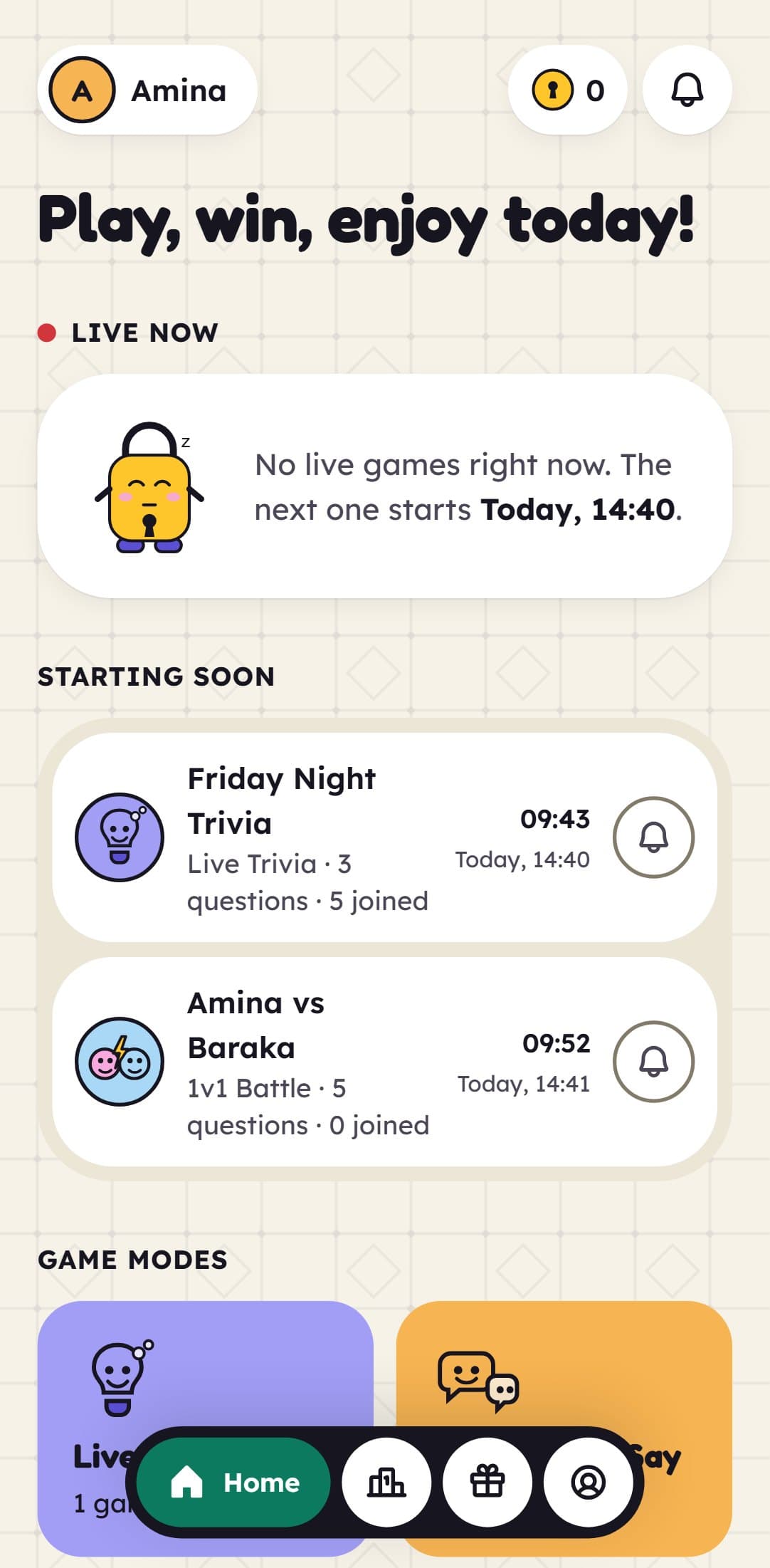The home screen listing games starting soon