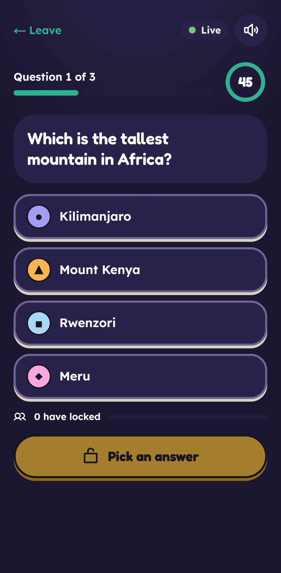 A live question on LOCK with four answers and a countdown