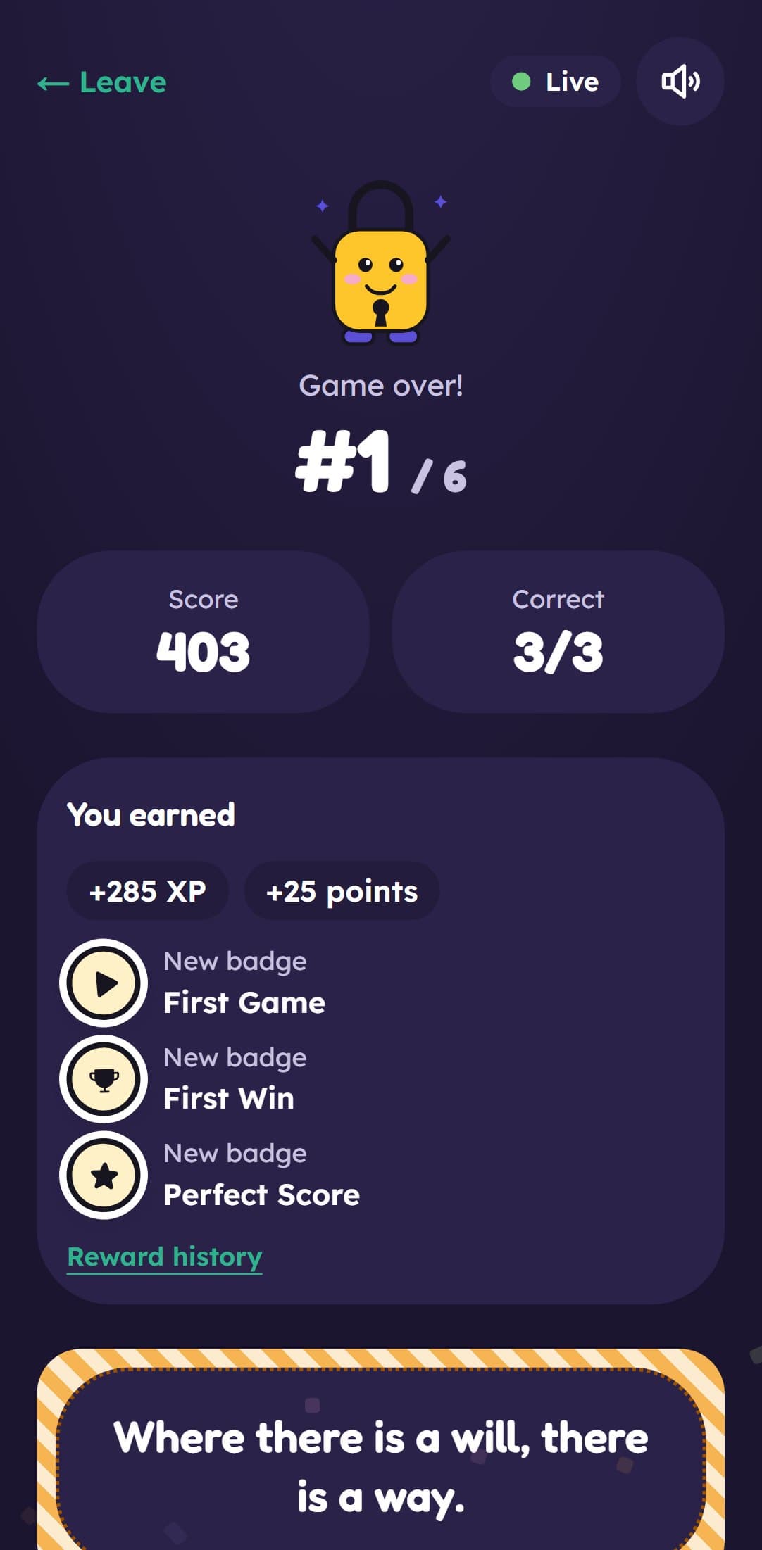 End of the game: first place, points and new badges